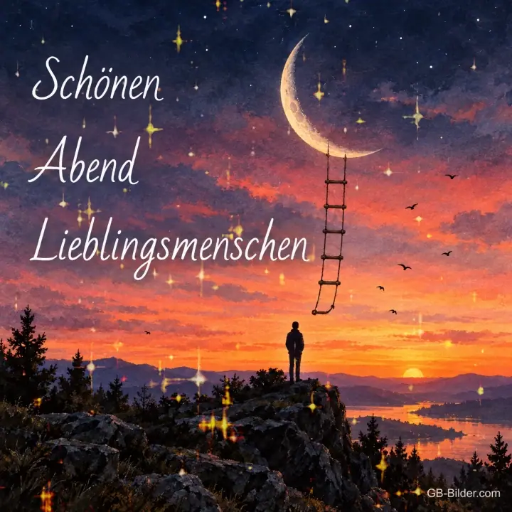 Person steht auf einem Felsen unter einer Leiter zur Mondsichel, Text: Schönen Abend Lieblingsmenschen