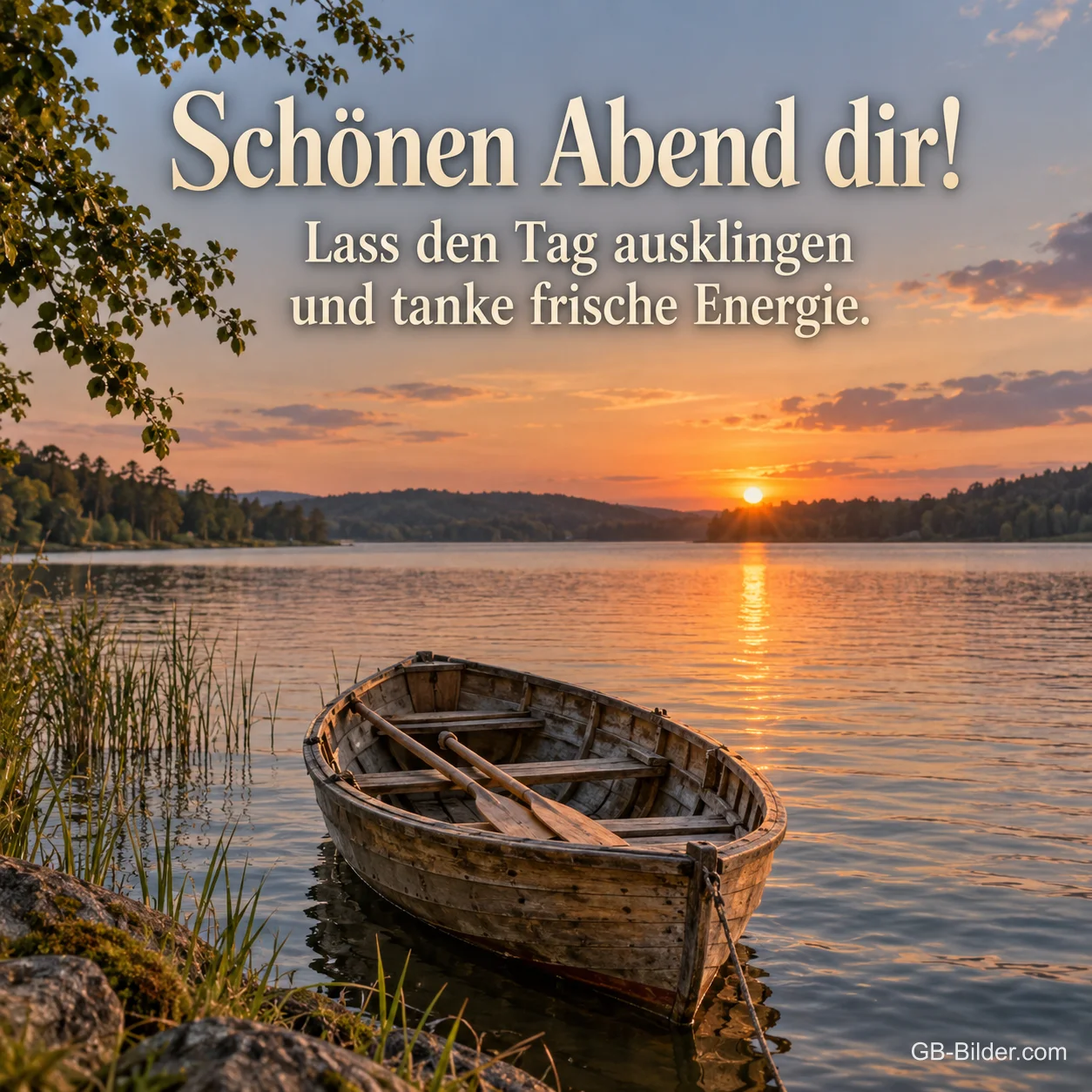 Ruderboot am Ufer eines Sees bei Sonnenuntergang, Text: Schönen Abend dir! Lass den Tag ausklingen und tanke frische Energie. Ruderboot am Ufer eines Sees bei Sonnenuntergang, Text: Schönen Abend dir! Lass den Tag ausklingen und tanke frische Energie.
