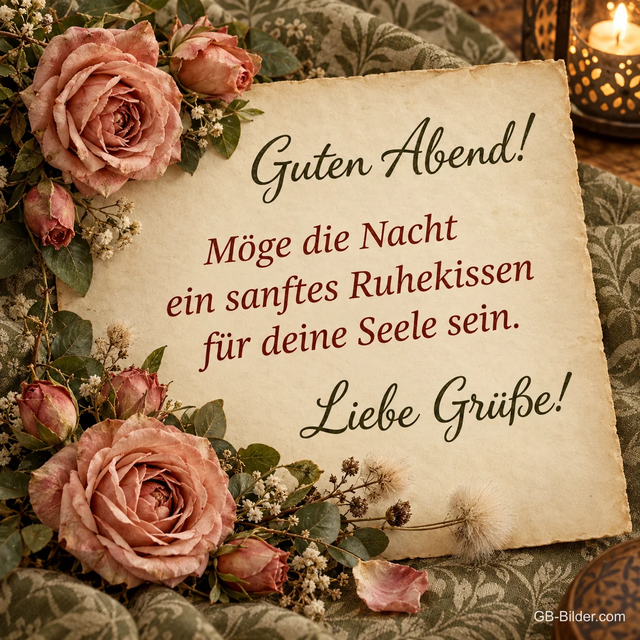 Karte zwischen altrosa Rosen und Kerzen, Text: Guten Abend! Möge die Nacht ein sanftes Ruhekissen für deine Seele sein. Liebe Grüße!