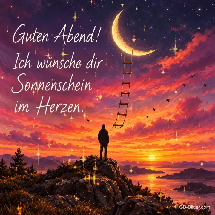 Mensch steht auf einem Felsen im Abendrot, eine Leiter führt zur Mondsichel, Text: Guten Abend! Ich wünsche dir Sonnenschein im Herzen. Mensch steht auf einem Felsen im Abendrot, eine Leiter führt zur Mondsichel, Text: Guten Abend! Ich wünsche dir Sonnenschein im Herzen.