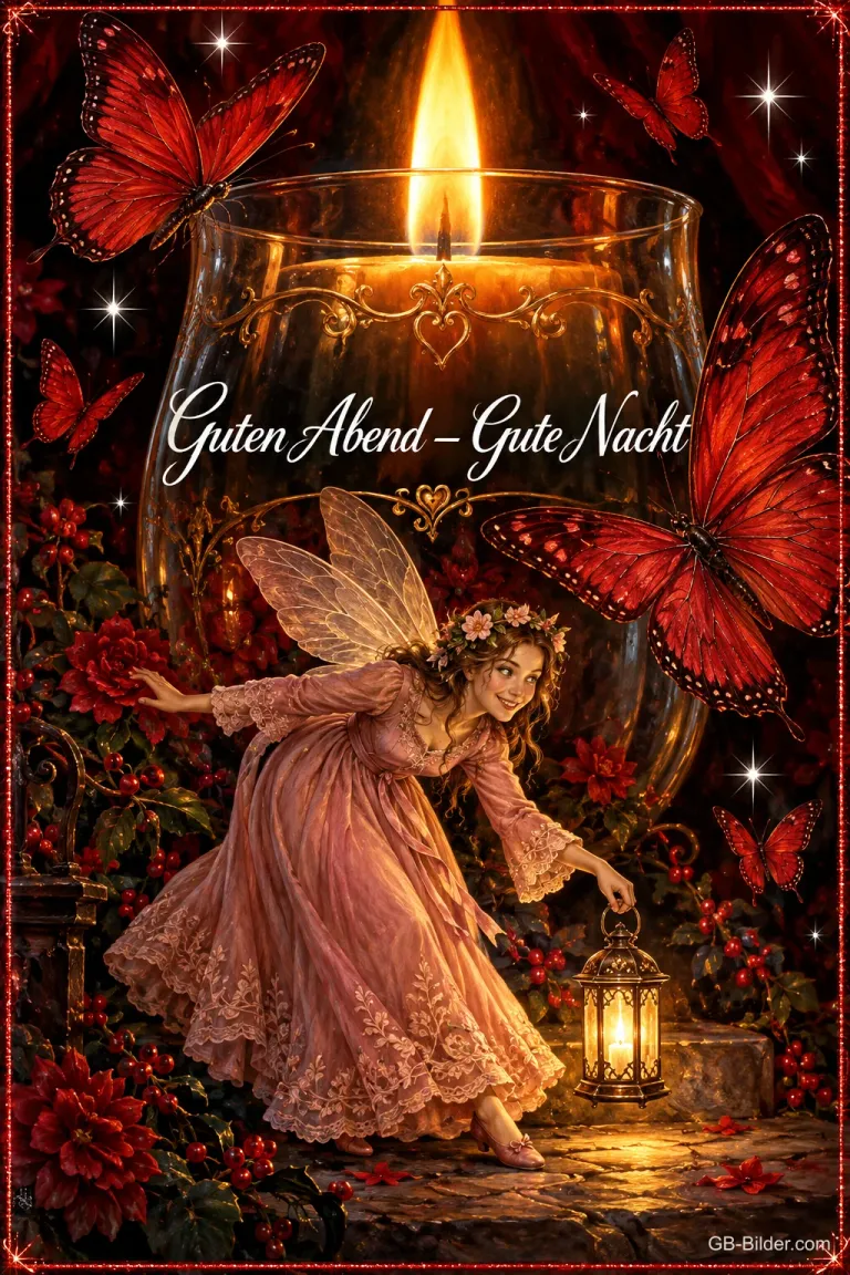 Kleine Elfe mit Laterne vor einer großen Kerze im Glas, rote Schmetterlinge, Text: Guten Abend – Gute Nacht