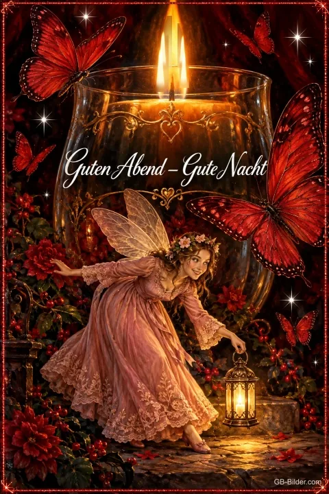 Kleine Elfe mit Laterne vor einer großen Kerze im Glas, rote Schmetterlinge, Text: Guten Abend – Gute Nacht