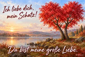 Zwei Bäume bilden ein rotes Herz am See, Text: Ich liebe dich, mein Schatz! – Du bist meine große Liebe.