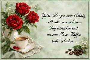 Rote Rosen in einem Krug neben einer Tasse Kaffee, Text: Guten Morgen mein Schatz, wollte dir einen schönen Tag wünschen und dir eine Tasse Kaffee rüber schicken...