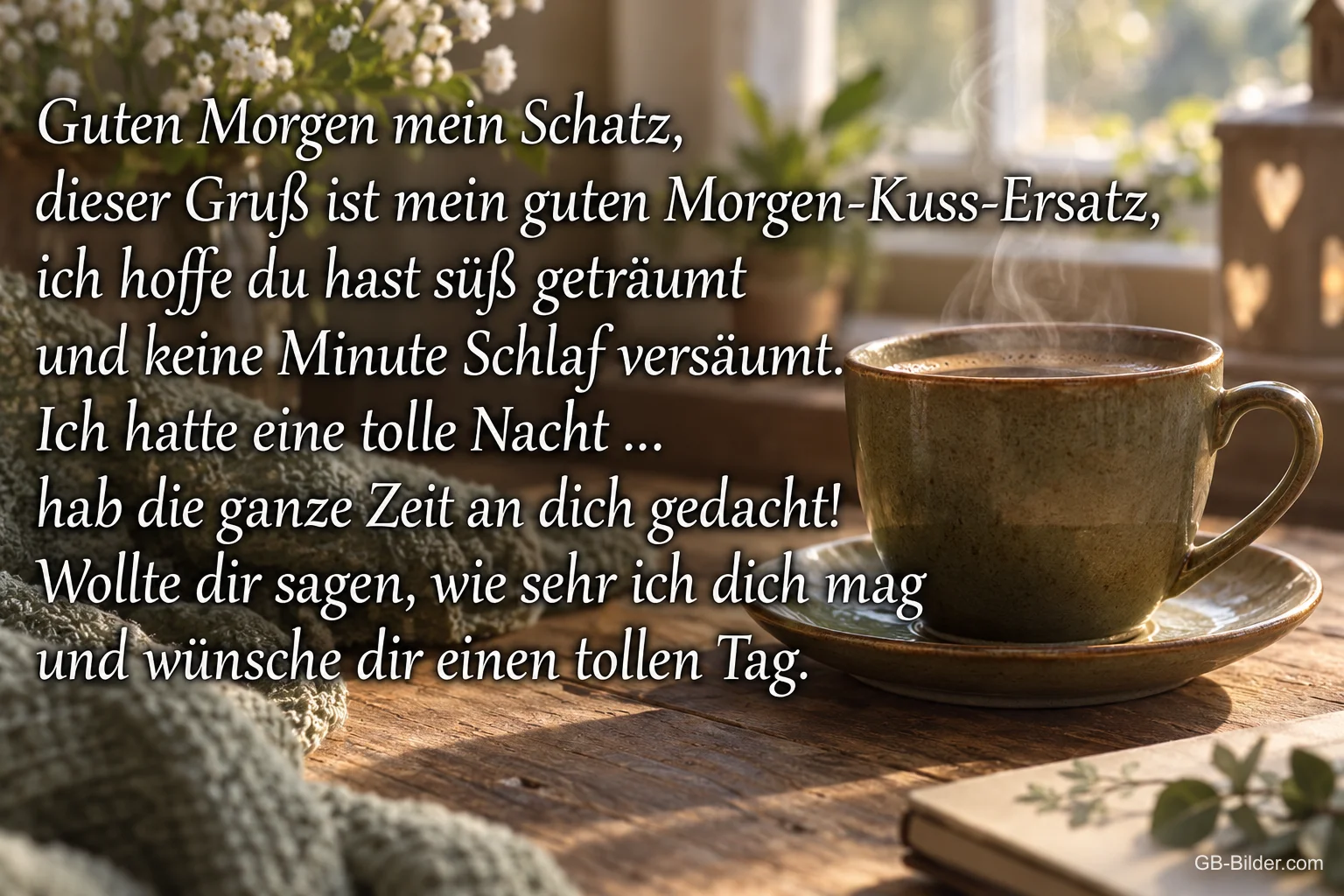 Tasse Kaffee auf einem Holztisch im Morgenlicht, Text: Guten Morgen mein Schatz, dieser Gruß ist mein guten Morgen-Kuss-Ersatz, ich hoffe du hast süß geträumt und keine Minute Schlaf versäumt. Ich hatte eine tolle Nacht … hab die ganze Zeit an dich gedacht! Wollte dir sagen, wie sehr ich dich mag und wünsche dir einen tollen Tag. Tasse Kaffee auf einem Holztisch im Morgenlicht, Text: Guten Morgen mein Schatz, dieser Gruß ist mein guten Morgen-Kuss-Ersatz, ich hoffe du hast süß geträumt und keine Minute Schlaf versäumt. Ich hatte eine tolle Nacht … hab die ganze Zeit an dich gedacht! Wollte dir sagen, wie sehr ich dich mag und wünsche dir einen tollen Tag.
