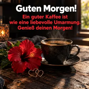 Schwarze Kaffeetasse neben einer roten Hibiskusblüte, Text: Guten Morgen! Ein guter Kaffee ist wie eine liebevolle Umarmung. Genieß deinen Morgen!