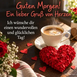 Kaffeetasse neben einem Herz aus roten Rosenblüten, Text: Guten Morgen! Ein lieber Gruß von Herzen. Ich wünsche dir einen wundervollen und glücklichen Tag!