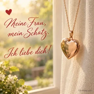 Goldenes Herzmedaillon hängt am Fenster, Text: Meine Frau, mein Schatz. – Ich liebe dich!