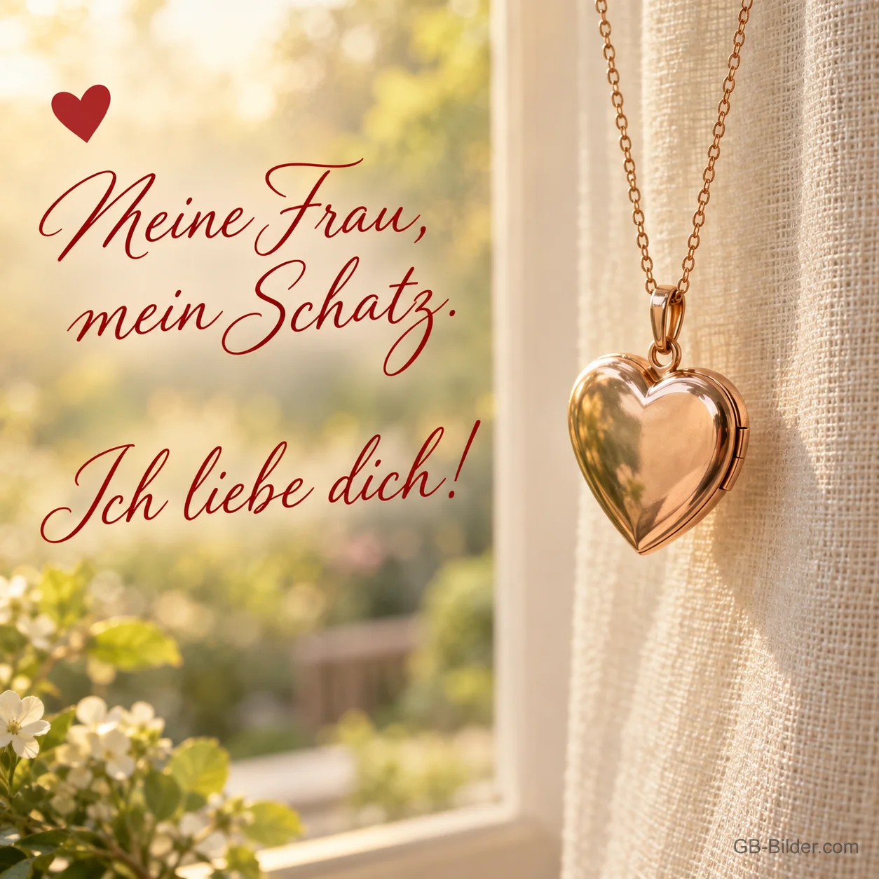 Goldenes Herzmedaillon hängt am Fenster, Text: Meine Frau, mein Schatz. – Ich liebe dich!