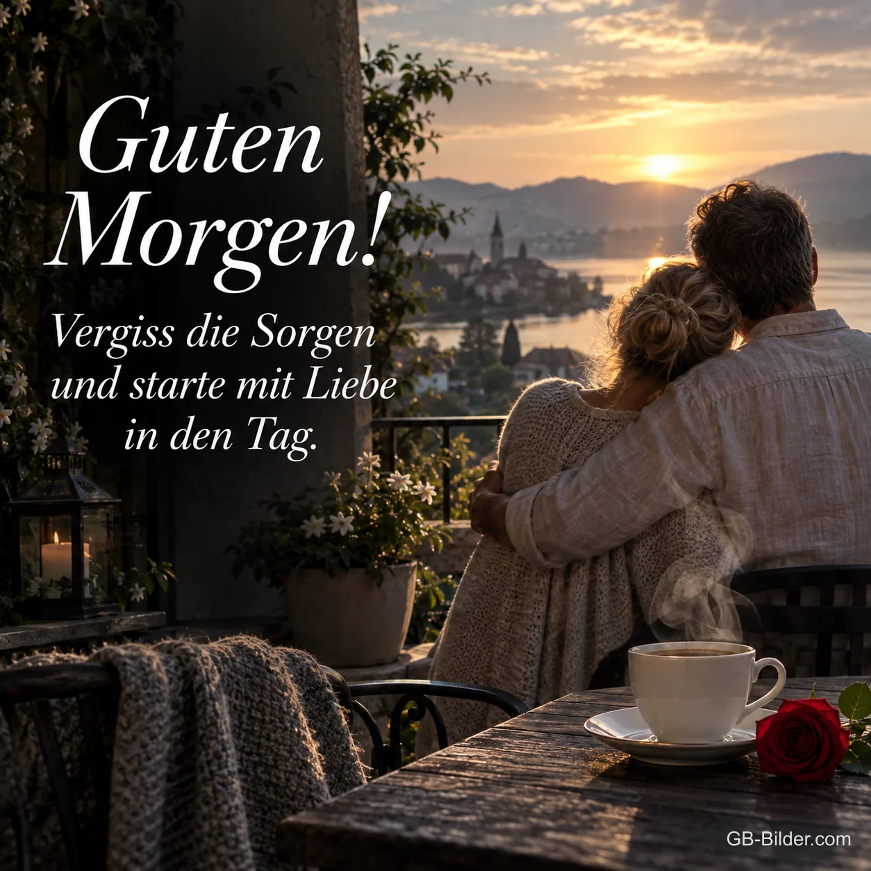 Paar umarmt sich von hinten auf einer Terrasse mit Seeblick bei Sonnenaufgang, Text: Guten Morgen! Vergiss die Sorgen und starte mit Liebe in den Tag.