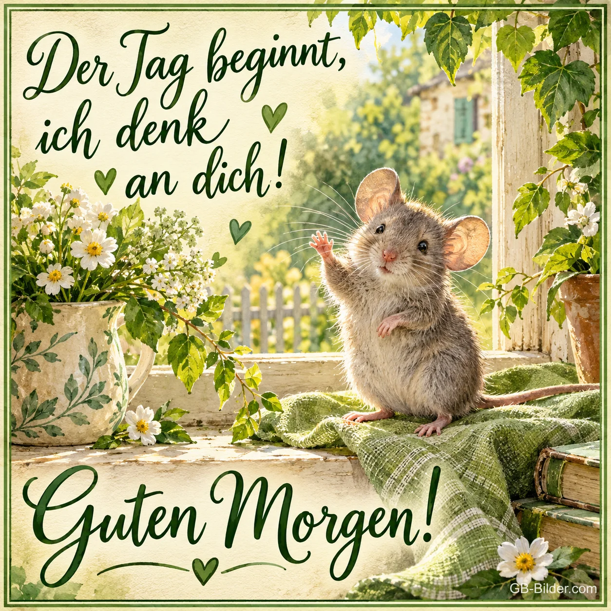Maus winkt auf einer Fensterbank zwischen Blumen, Text: Der Tag beginnt, ich denk an dich! Guten Morgen!