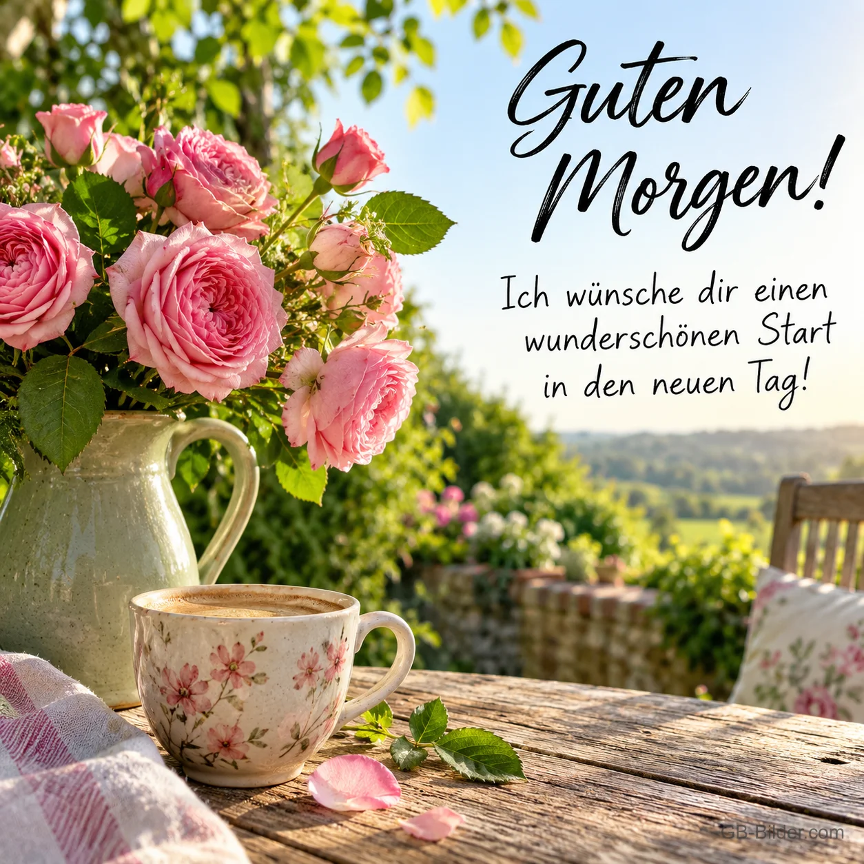 Rosa Rosen in einem Krug neben einer Kaffeetasse, Text: Guten Morgen! Ich wünsche dir einen wunderschönen Start in den neuen Tag!