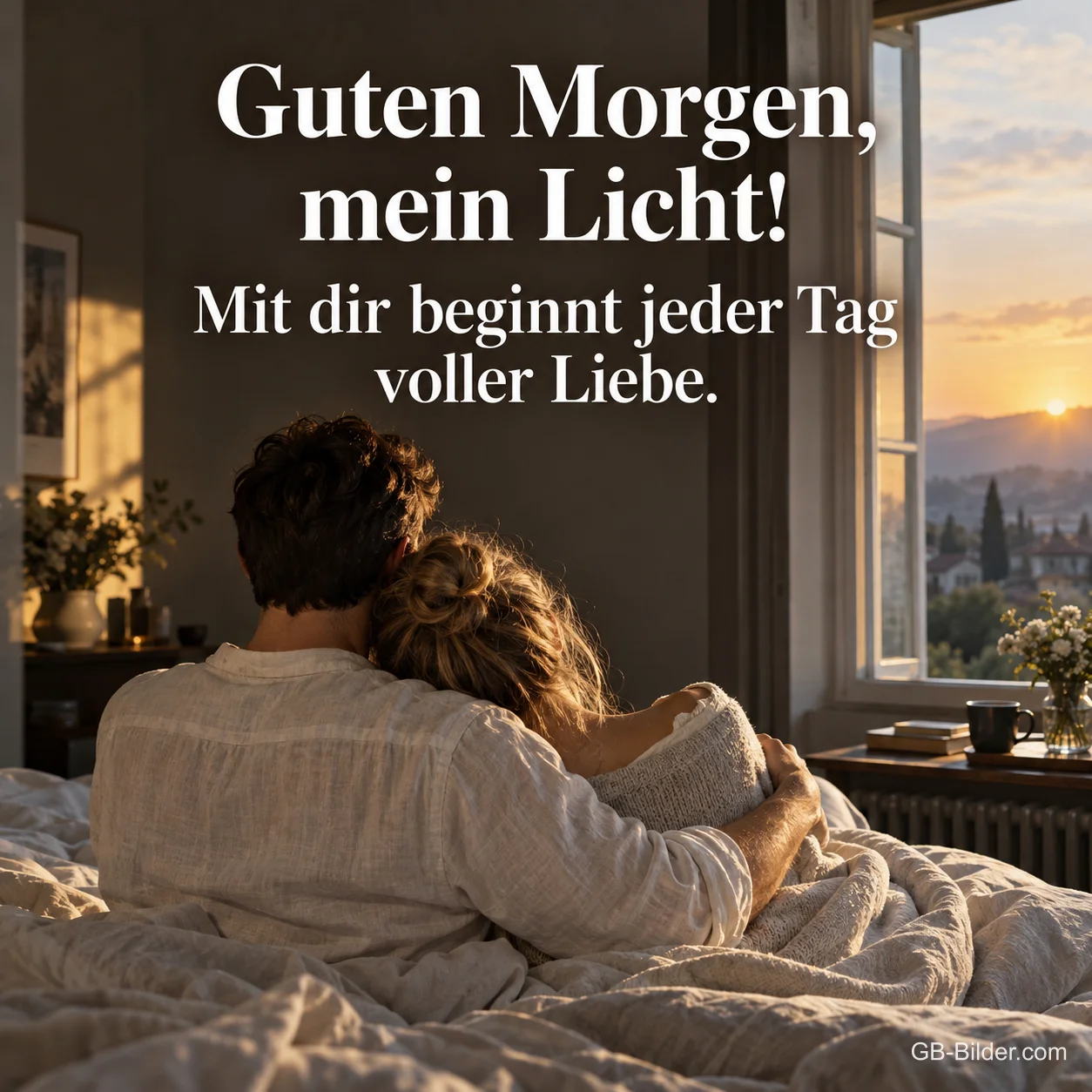 Paar umarmt sich im Bett vor dem Fenster bei Sonnenaufgang, Text: Guten Morgen, mein Licht! Mit dir beginnt jeder Tag voller Liebe.