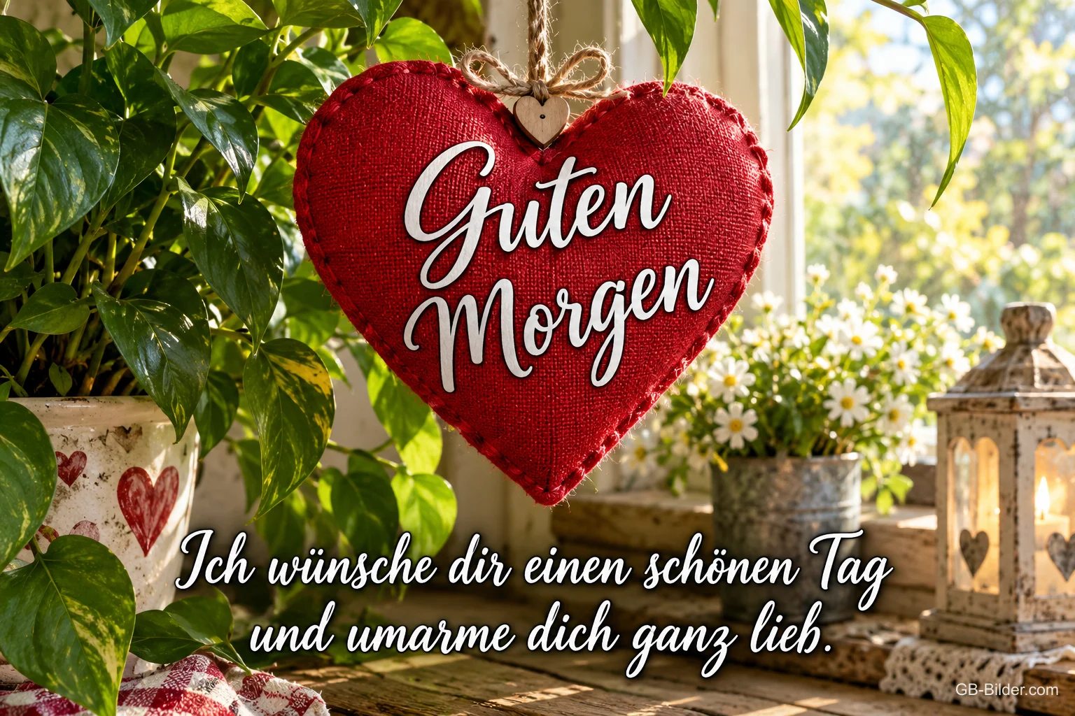 Rotes Stoffherz hängt am Fenster zwischen Pflanzen, Text: Guten Morgen – Ich wünsche dir einen schönen Tag und umarme dich ganz lieb.