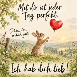Hase greift nach einem roten Herzballon auf einer Wiese, Text: Mit dir ist jeder Tag perfekt. – Schön, dass es dich gibt! Ich hab dich lieb!