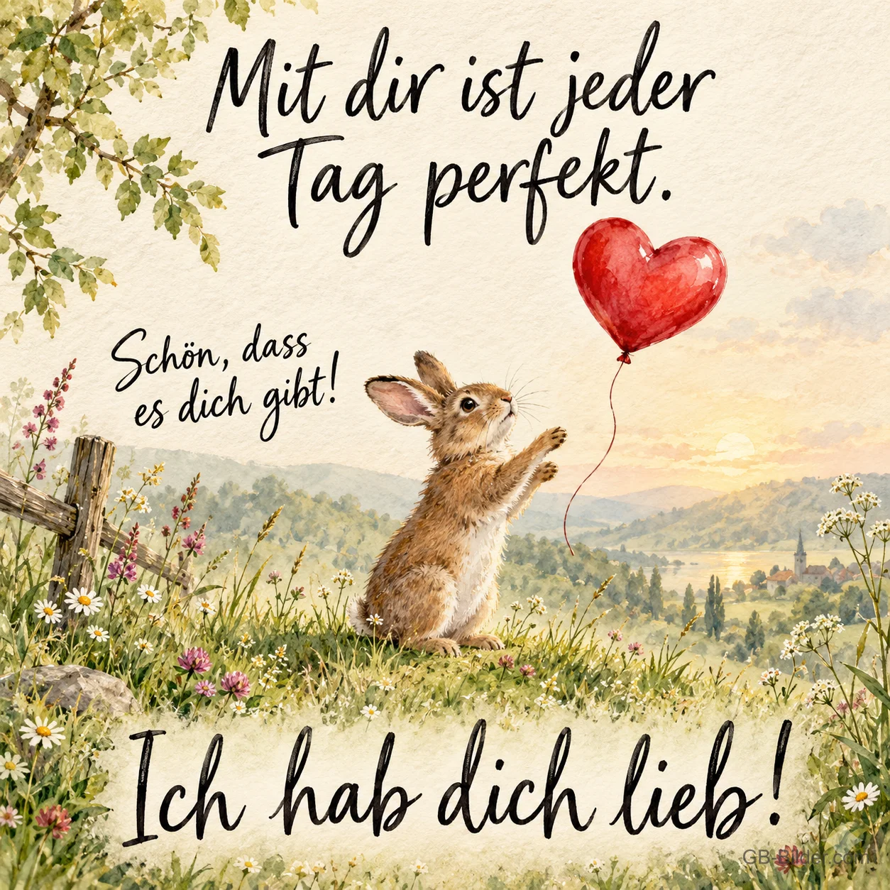 Hase greift nach einem roten Herzballon auf einer Wiese, Text: Mit dir ist jeder Tag perfekt. – Schön, dass es dich gibt! Ich hab dich lieb! Hase greift nach einem roten Herzballon auf einer Wiese, Text: Mit dir ist jeder Tag perfekt. – Schön, dass es dich gibt! Ich hab dich lieb!