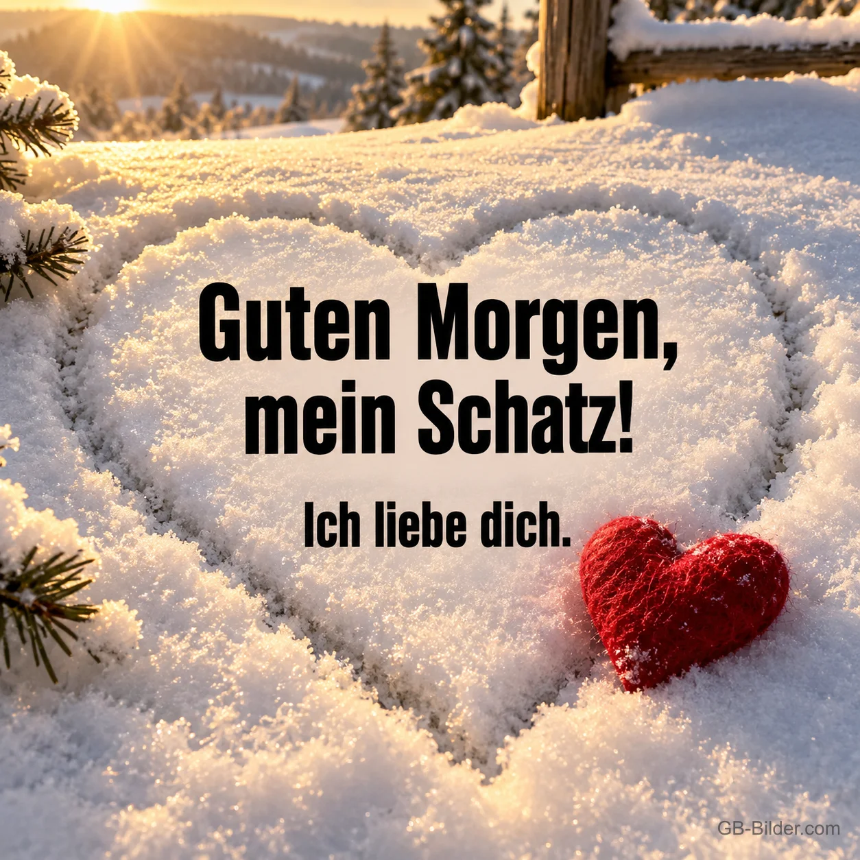Herz in den Schnee gezeichnet mit rotem Strickherz, Text: Guten Morgen, mein Schatz! Ich liebe dich.