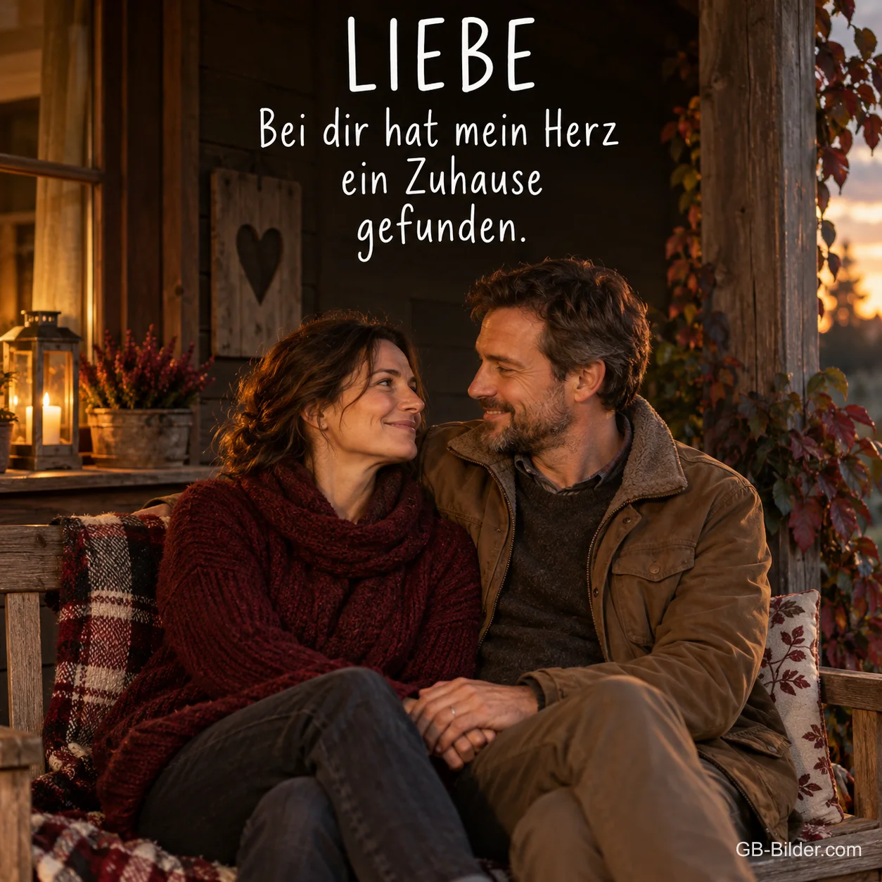 Paar sitzt Hand in Hand auf einer Bank am Abend, Text: LIEBE – Bei dir hat mein Herz ein Zuhause gefunden.