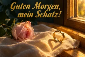 Goldener Ring wirft einen herzförmigen Schatten neben einer Rose, Text: Guten Morgen, mein Schatz!