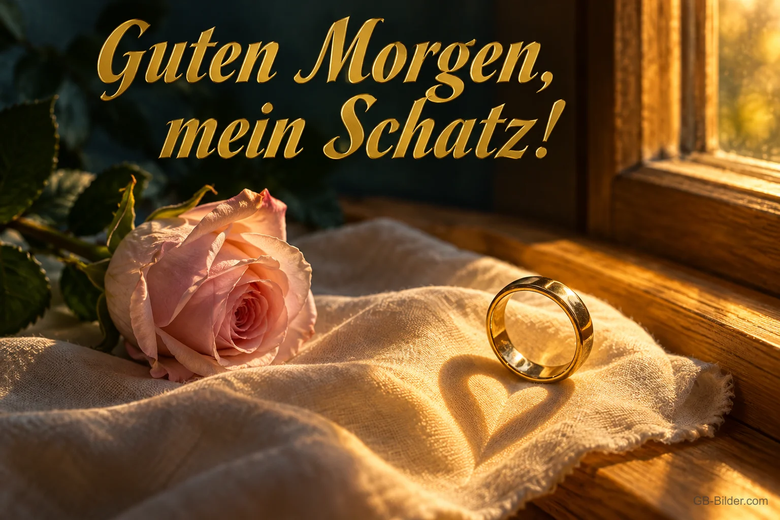 Goldener Ring wirft einen herzförmigen Schatten neben einer Rose, Text: Guten Morgen, mein Schatz!