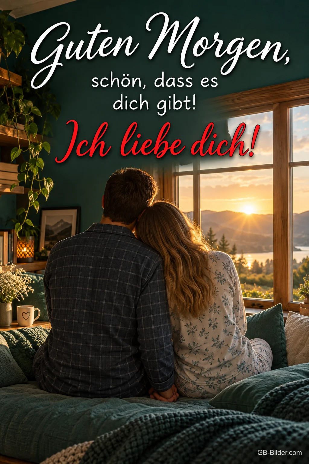 Paar sitzt umarmt vor einem Fenster bei Sonnenaufgang, Text: Guten Morgen, schön, dass es dich gibt! Ich liebe dich!