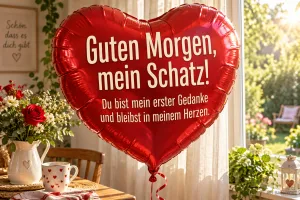 Roter Herzballon schwebt über dem Frühstückstisch, Text: Guten Morgen, mein Schatz! Du bist mein erster Gedanke und bleibst in meinem Herzen.