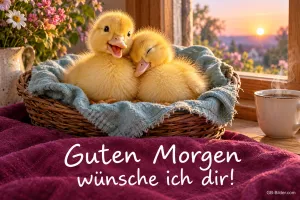 Zwei Entenküken kuscheln in einem Korb am Fenster, Text: Guten Morgen wünsche ich dir!