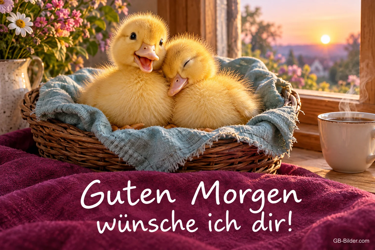 Zwei Entenküken kuscheln in einem Korb am Fenster, Text: Guten Morgen wünsche ich dir!