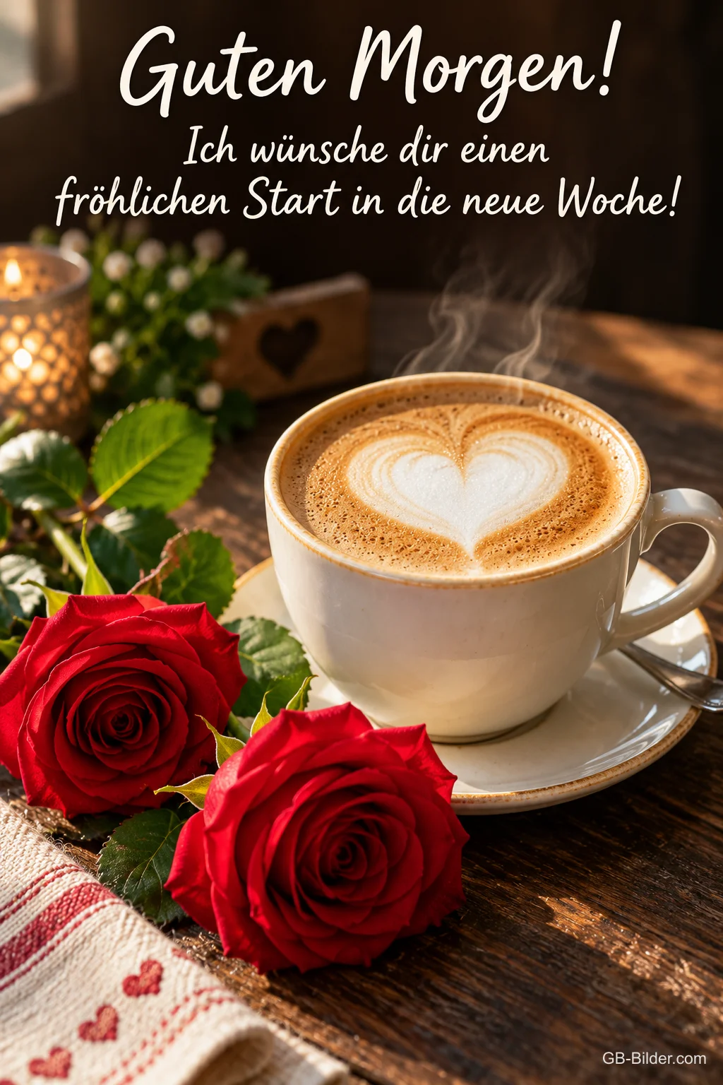 Cappuccino mit Herz im Schaum neben roten Rosen, Text: Guten Morgen! Ich wünsche dir einen fröhlichen Start in die neue Woche!