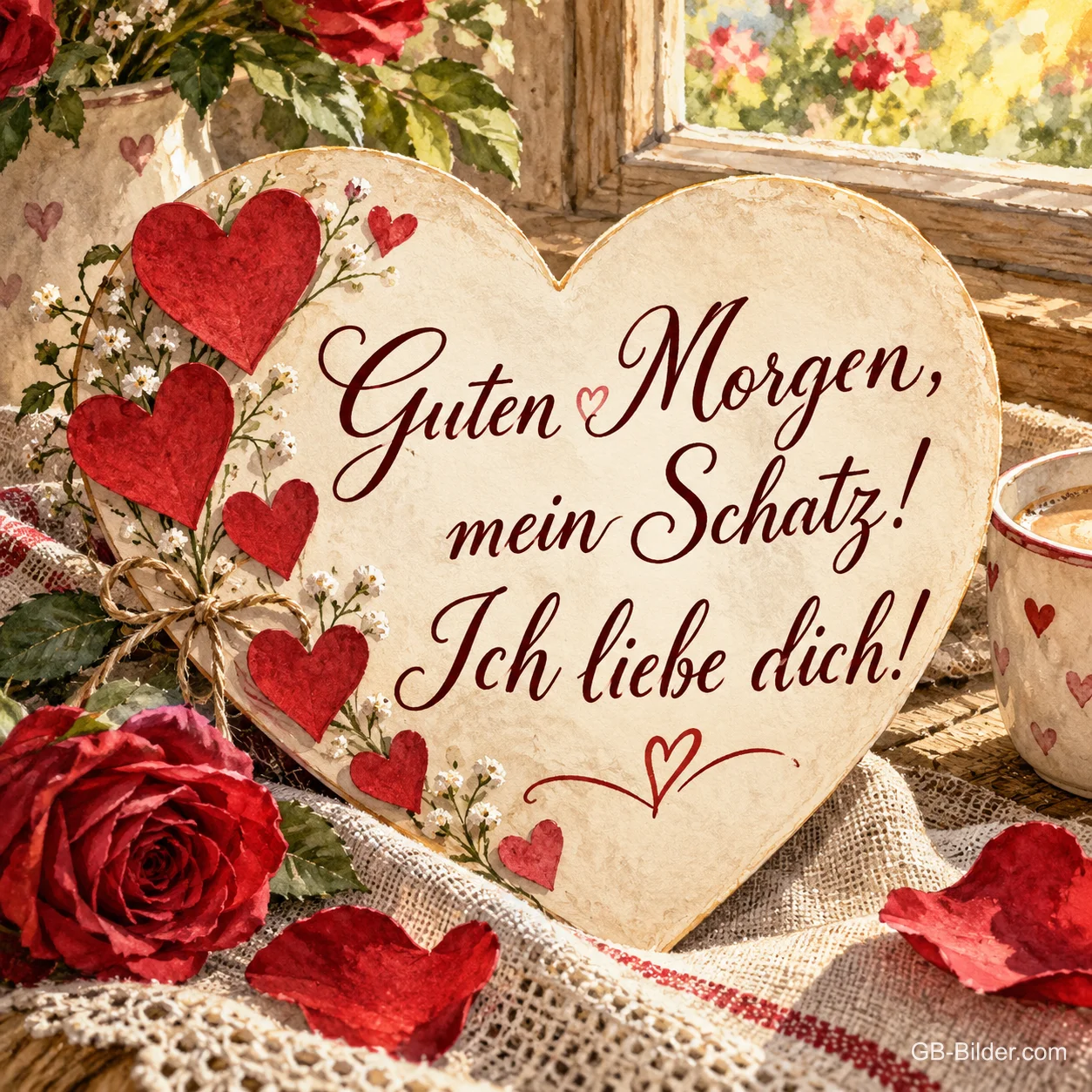 Herzförmiges Schild zwischen roten Rosen und Herzen, Text: Guten Morgen, mein Schatz! Ich liebe dich!