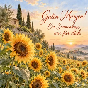 Sonnenblumenfeld mit Zypressen, Text: Guten Morgen