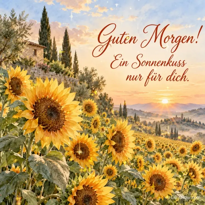 Sonnenblumenfeld mit Zypressen, Text: Guten Morgen