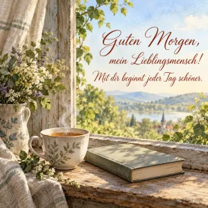 Tee und Buch am Fenster, Text: Guten Morgen, mein Lieblingsmensch