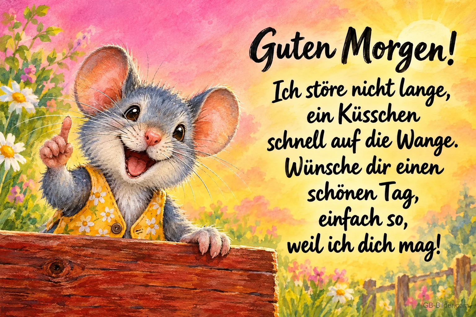 Graue Maus in Weste winkt lachend über eine Holzmauer, Text: Guten Morgen! Ich störe nicht lange, ein Küsschen schnell auf die Wange. Wünsche dir einen schönen Tag, einfach so, weil ich dich mag!