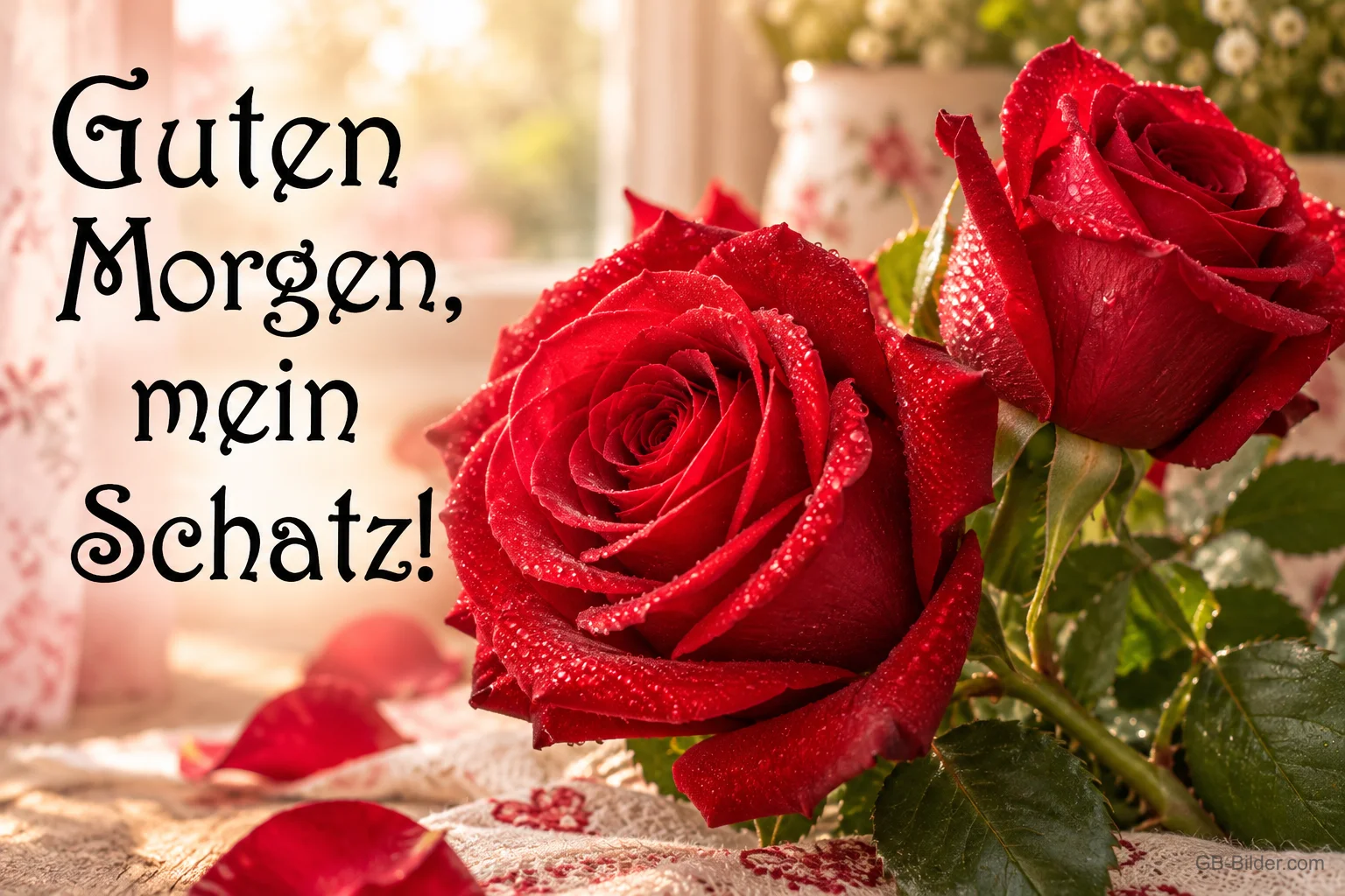 Rote Rosen mit Tautropfen am Fenster, Text: Guten Morgen, mein Schatz!