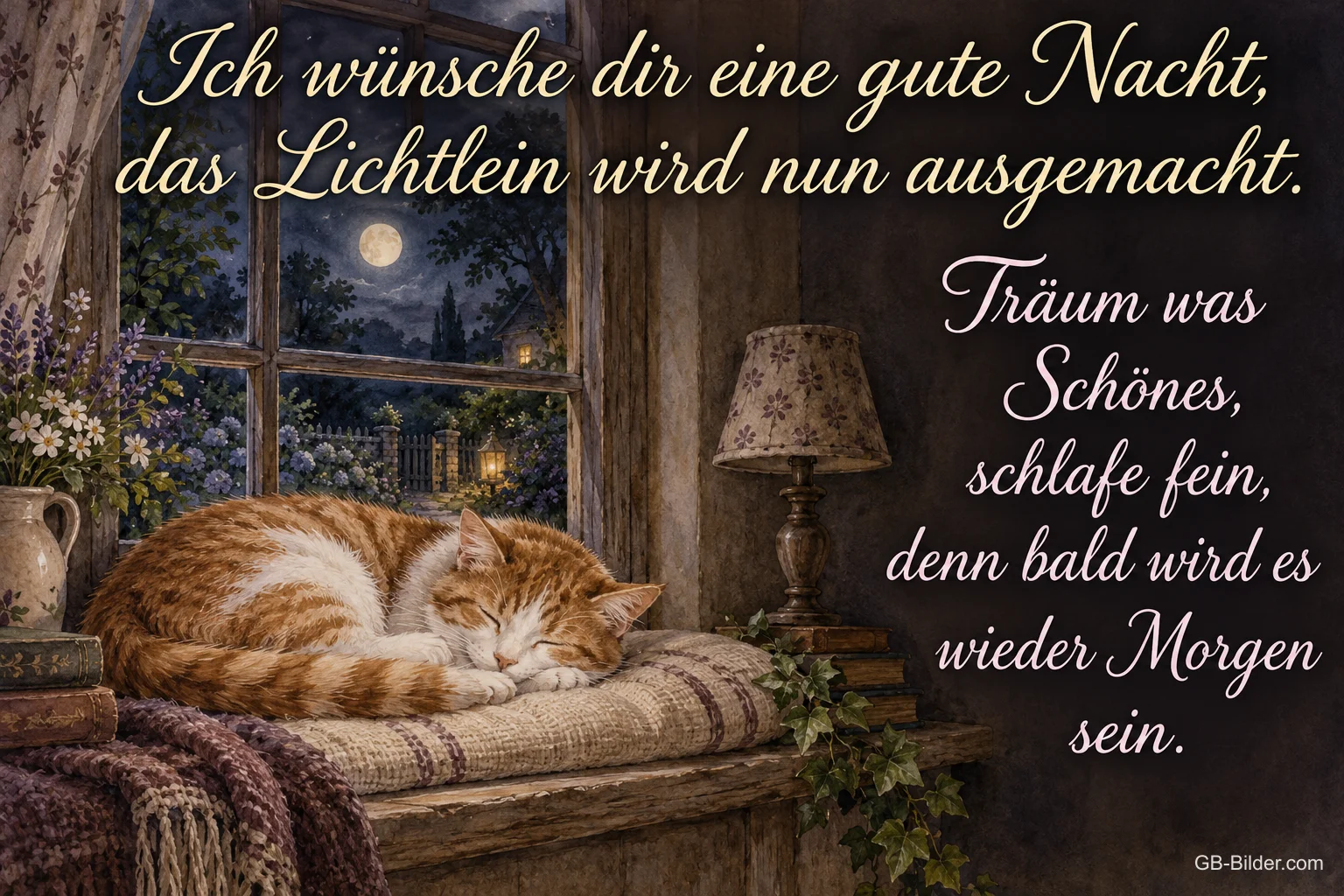Schlafende Katze am Fenster, Text: Ich wünsche dir eine gute Nacht, das Lichtlein wird nun ausgemacht