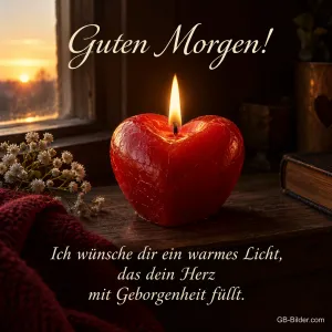Brennende rote Herzkerze am Fenster, Text: Guten Morgen! Ich wünsche dir ein warmes Licht, das dein Herz mit Geborgenheit füllt.