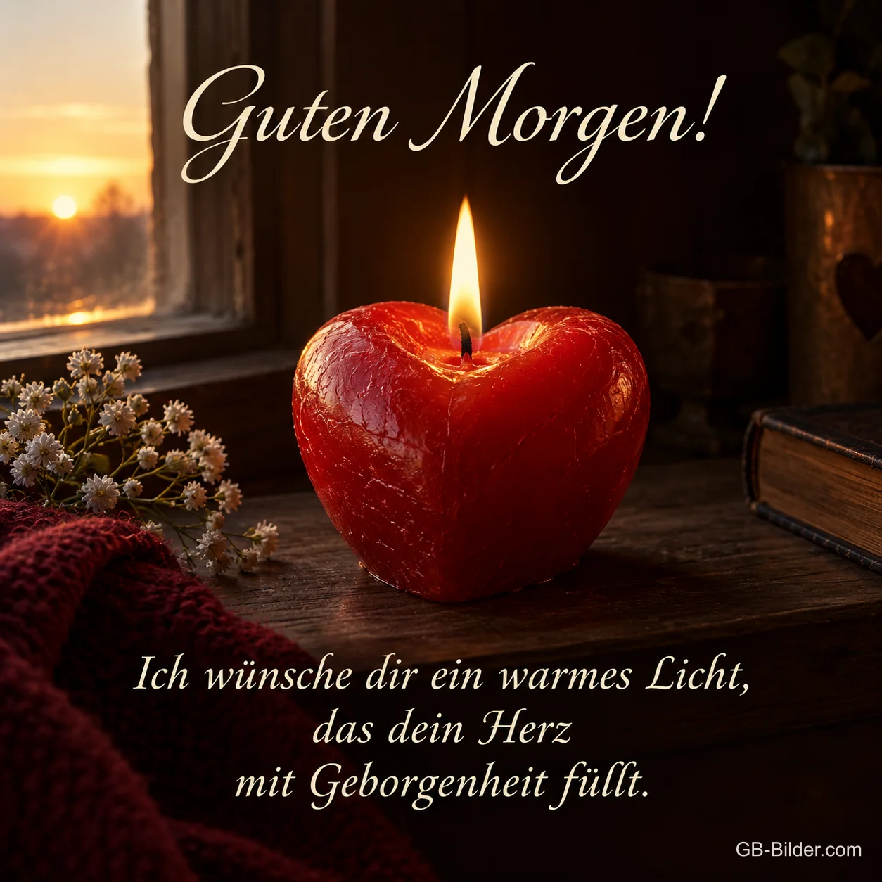 Brennende rote Herzkerze am Fenster, Text: Guten Morgen! Ich wünsche dir ein warmes Licht, das dein Herz mit Geborgenheit füllt.