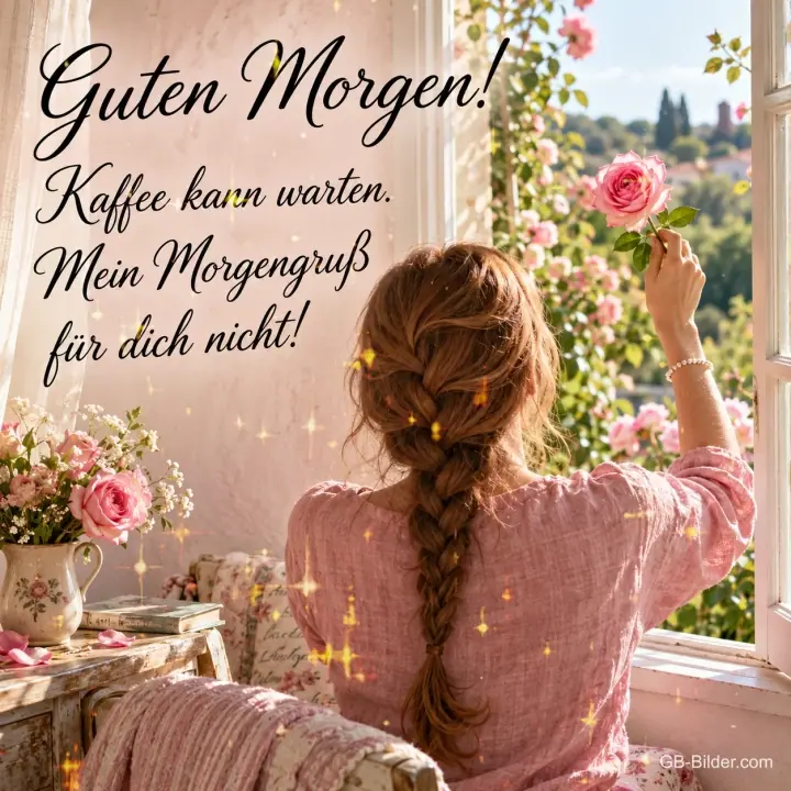 Frau mit Zopf öffnet ein Fenster voller Rosen, Text: Guten Morgen! Kaffee kann warten. Mein Morgengruß für dich nicht!