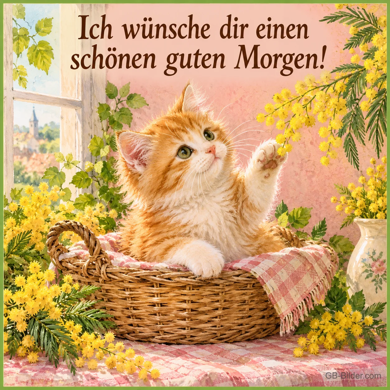 Rotes Kätzchen sitzt in einem Korb zwischen Mimosen, Text: Ich wünsche dir einen schönen guten Morgen!