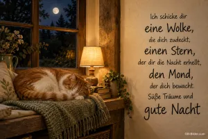 Schlafende Katze am Fenster, Text: Ich schicke dir eine Wolke, die dich zudeckt, einen Stern, der dir die