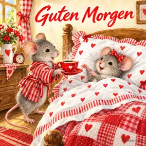 Maus im Morgenmantel bringt einer Maus im Bett eine Tasse Kaffee, Text: Guten Morgen