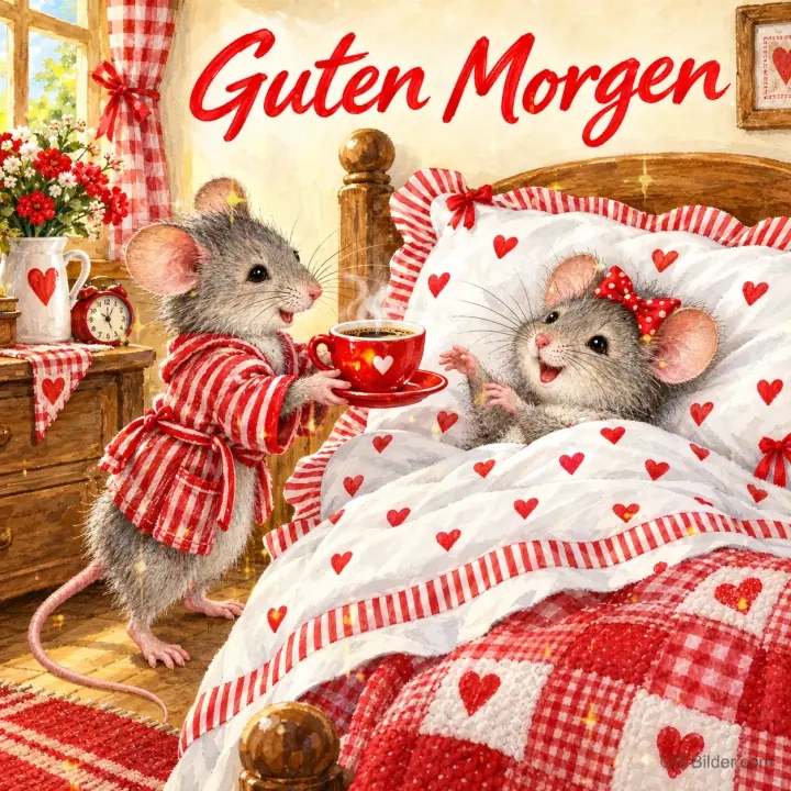Maus im Morgenmantel bringt einer Maus im Bett eine Tasse Kaffee, Text: Guten Morgen