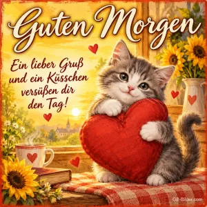Getigertes Kätzchen umarmt ein rotes Stoffherz, Text: Guten Morgen – Ein lieber Gruß und ein Küsschen versüßen dir den Tag!