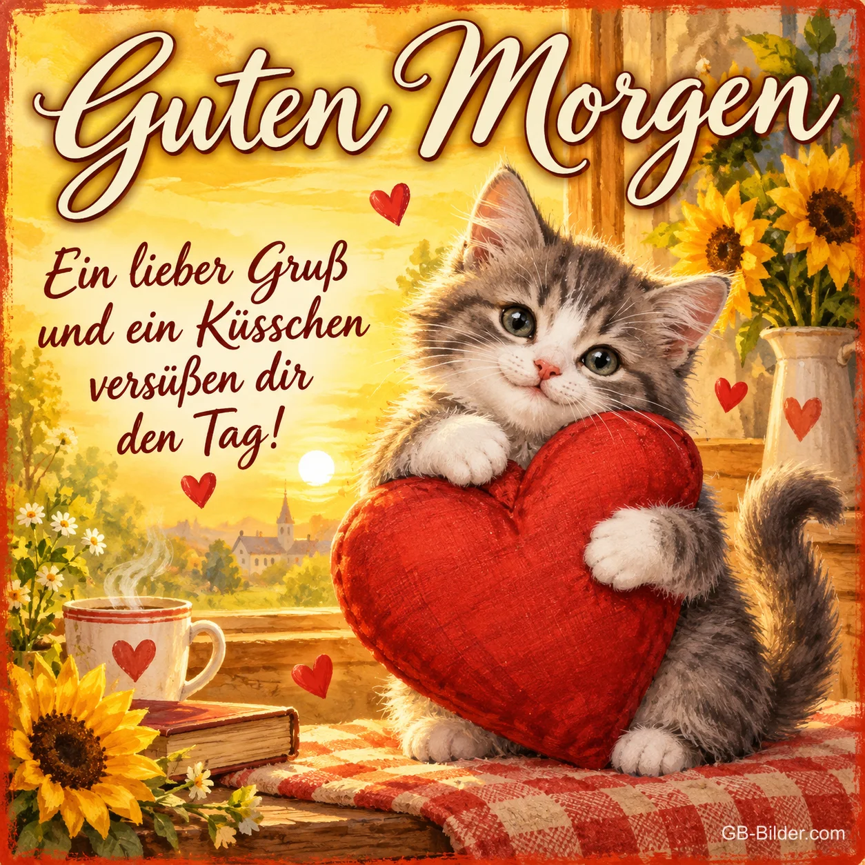 Getigertes Kätzchen umarmt ein rotes Stoffherz, Text: Guten Morgen – Ein lieber Gruß und ein Küsschen versüßen dir den Tag! Getigertes Kätzchen umarmt ein rotes Stoffherz, Text: Guten Morgen – Ein lieber Gruß und ein Küsschen versüßen dir den Tag!
