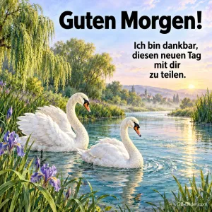 Zwei weiße Schwäne auf einem Fluss im Morgenlicht, Text: Guten Morgen! – Ich bin dankbar, diesen neuen Tag mit dir zu teilen.