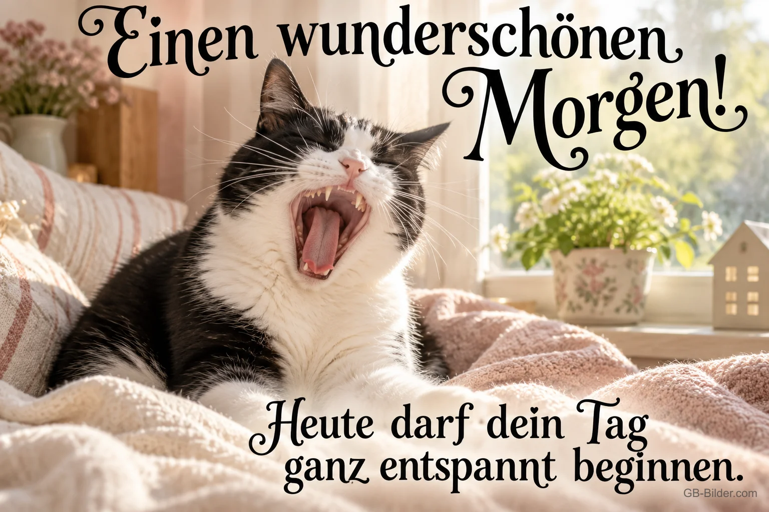 Schwarz-weiße Katze gähnt herzhaft auf einer Decke am Fenster, Text: Einen wunderschönen Morgen! Heute darf dein Tag ganz entspannt beginnen. Schwarz-weiße Katze gähnt herzhaft auf einer Decke am Fenster, Text: Einen wunderschönen Morgen! Heute darf dein Tag ganz entspannt beginnen.