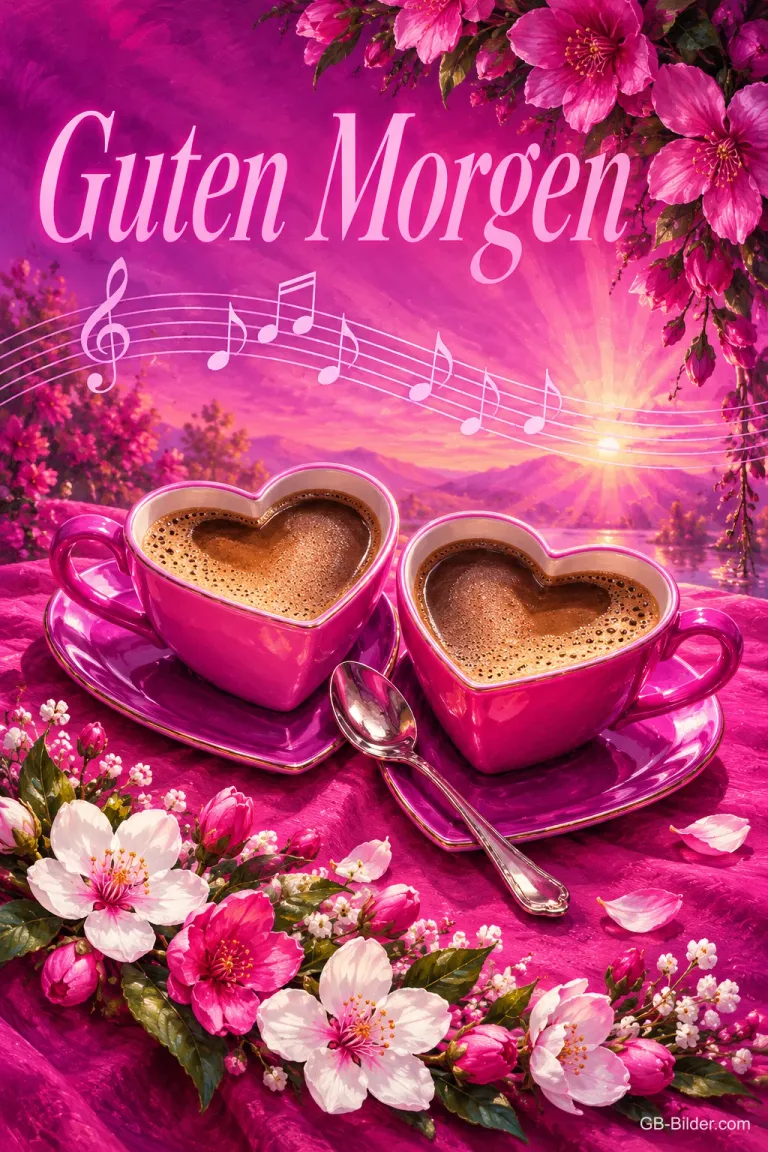 Zwei herzförmige Kaffeetassen zwischen Blüten unter Musiknoten, Text: Guten Morgen