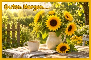 Sonnenblumen in einem Krug neben einer Tasse Kaffee im Garten, Text: Guten Morgen…..