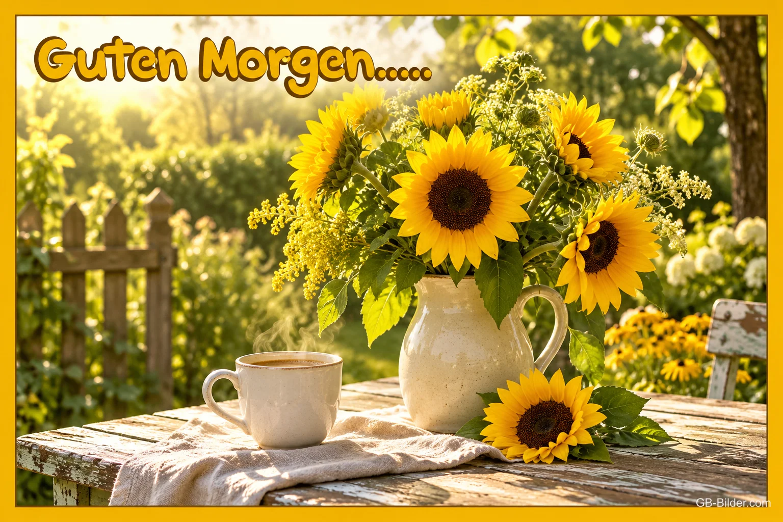 Sonnenblumen in einem Krug neben einer Tasse Kaffee im Garten, Text: Guten Morgen…..